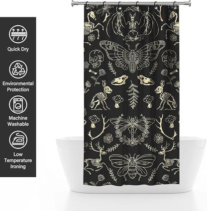 Halloween Black Gold Skeleton Moth Stall Shower Curtain Set 36x72 Inches | Black Gold Skeleton Moth Halloween Print, Witchy Gothic Decor, Ideal for Stall & Guest Bathroom, Great Housewarming Gift