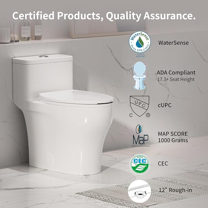 Elongated One Piece Toilet with Comfort Chair Seat ADA Height 17.33", Powerful Dual Flush 0.8/1.28 GPF Compact Toilet, MAP 1000g, Standard White Toilet Bowl, 12'' Rough-in