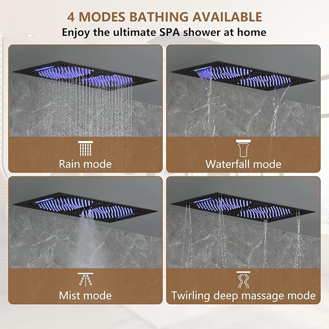 CASAINC 27x16 Inch Thermostatic Shower System Luxury 6 Functions Full Body Shower System with Sliding Rod 2 in 1 Handheld, LED & Music (Matte Black)