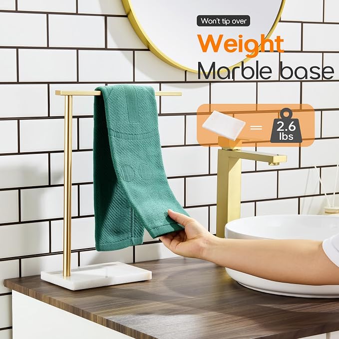 Hand Towel Bar for Bathroom Vanity Countertop 1-Tier Towel Holder Free Stand with Heavy Marble Base Thicken Steady, Gold Stainless Steel AN7002GD