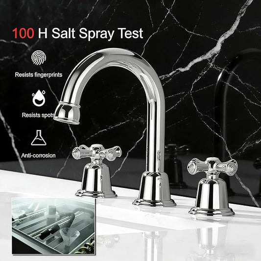 RKF Bathroom Faucets for Sink 3 Hole Chrome Polished 8 inch Widespread Bathroom Sink Faucet with Drain 2 Handles Cross Knobs Faucet Bathroom Vanity Faucet Basin Mixer Tap CWF039-CP
