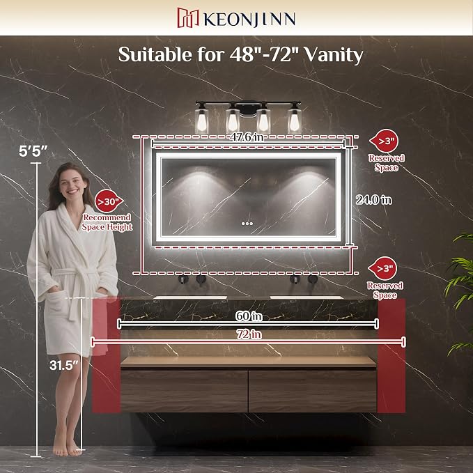 Keonjinn 48" x 24" LED Bathroom Mirror with Lights, Bluetooth Speaker | Frontlit & Backlit Bluetooth Mirror Bathroom, Dimmable 3-Color Lights, HD Tempered Glass, Anti-Fog, CRI90+, Plug-in/Hardwired