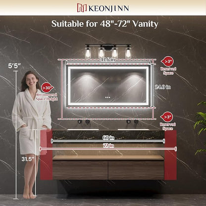 Keonjinn 48" x 24" LED Bathroom Mirror with Lights, Bluetooth Speaker | Frontlit & Backlit Bluetooth Mirror Bathroom, Dimmable 3-Color Lights, HD Tempered Glass, Anti-Fog, CRI90+, Plug-in/Hardwired