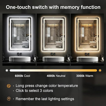 LED Bathroom Mirror with Lights, 20 x 30 Lighted Vanity Wall Mirror | Backlit and Frontlit, Anti-Fog, Dimmable 3 Colors, Shatter-Proof Tempered Glass, Memory Function, Plug-in/Hardwired