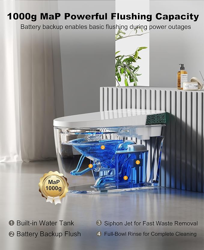 Smart Toilet with Bidet Built In, Auto Flush, ADA Comfort Height | Built-in tank supports 1000g MaP and outage flushing; Foam Shield, auto lid, heated seat, instant warm wash/dry add comfort.