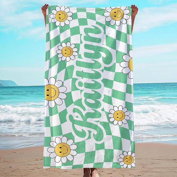 JML Personalized Beach Towel with Name, Custom Flower Beach Towel, Customized Microfiber Pool Towel, Quick Dry & Absorbent Swim Towel for Adult,Anniversary, Birthday, Summer Holiday,Vacation