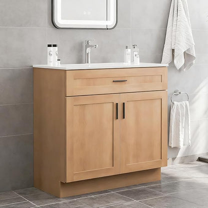 36-Inch Bathroom Vanity – Household Model, Natural Wood Finish, Farmhouse Style, Premium Quality, Spacious Open Storage, Upgraded Version