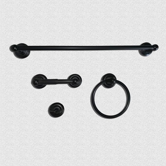 SENTO ROBIKI Black Bathroom Accessories Set, Bath Hardware, Includes Robe Hook, Toilet Paper Holder, Towel Ring, 18” & 24” Towel Bar, Duty Metal Bath Hardware Set Wall Mounted (4-Piece, Matte Black)