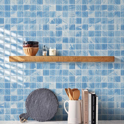8PC Glass Mosaic Pool Tile, Blue Waterproof Floor & Wall Tiles for Bathroom | Heat & frost resistant for Kitchen Backsplash & outdoors. Mesh-mounted easy install. Easy clean. 8 Sq.ft Blue Crystal