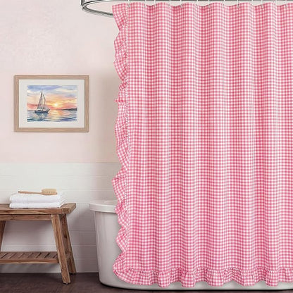 HunnmingRe Ruffled Gingham Shower Curtain Pink | 72'' x 72'' Vintage Farmhouse Curtain, Cotton Cottage Core Rural Checkered Plaid Decor, Fall Shower Curtain for Bathroom