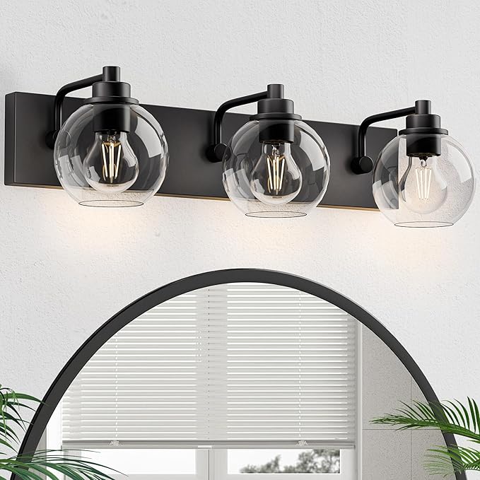 Bathroom Light Fixtures-Matte Black Vanity Lights for Bathroom, Modern Black Vanity Lights 3-Light Bathrooms Lighting Fixtures Over Mirror with Clear Glass Shade