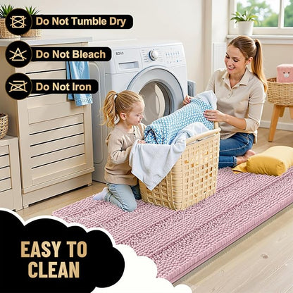 OLANLY Thick Bathroom Runner Rugs 44x24, Chenille Bath Rugs, Dusty Rose | Absorbent Striped, Rubber Backing, Machine Wash, Long Bath Mats for Bathroom Floor, Tub and Shower, Home Decor Accessories