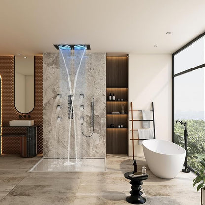 CASAINC 27x16 Inch Thermostatic Shower System Luxury 6 Functions Full Body Shower System with Sliding Rod 2 in 1 Handheld, LED & Music (Matte Black)