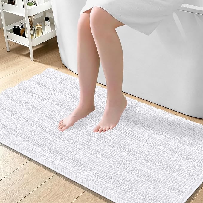 OLANLY Thick Large Bathroom Rugs 45x27, Soft Chenille Bath Rugs, White | Absorbent Striped, Rubber Backing, Machine Wash Dry, Bath Mats for Bathroom Floor, Tub and Shower, Home Decor Accessories