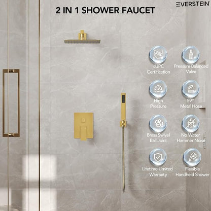 10" High-Pressure Rainfall Shower System with Handheld Spray, Wall Mount Bathroom Shower Faucet Set with Valve (Brushed Gold)