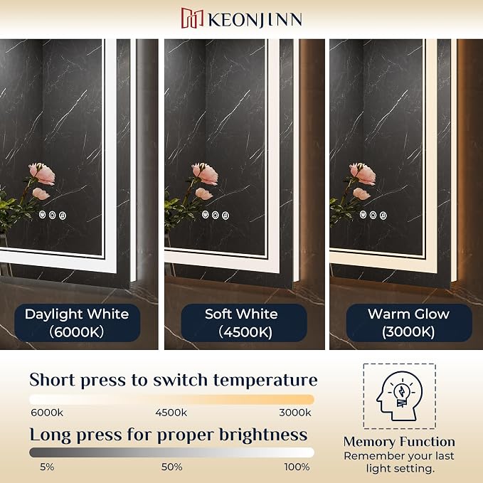 Keonjinn 24" x 36" LED Bathroom Mirror with Lights, Frontlit & Backlit | Bluetooth Speaker, Bluetooth Mirror Bathroom, Dimmable 3-Color Lights, Tempered Glass, Anti-Fog, CRI90+, Plug-in/Hardwired