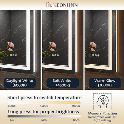 Keonjinn 24" x 30" LED Bathroom Mirror with Lights, Frontlit & Backlit | Bluetooth Speaker, Bluetooth Mirror Bathroom, Dimmable 3-Color Lights, Tempered Glass, Anti-Fog, CRI90+, Plug-in/Hardwired