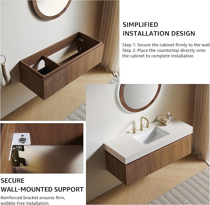 48” Floating Bathroom Vanity with Sink, Wall-Mounted Cabinet with Drawer & Doors, Roma Travertine-Pattern Countertop, Undermount Basin, 3 Faucet Hole, Soft-Close, Pre-Assembled, Brown Oak