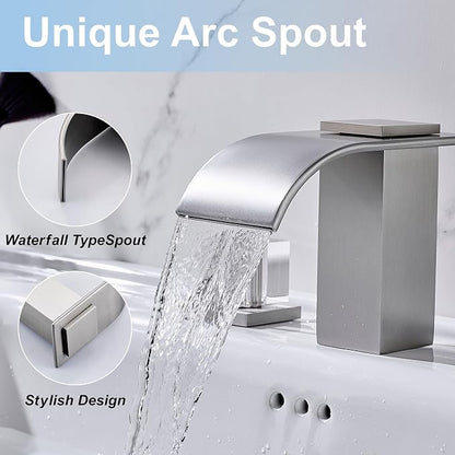 Brushed Nickel Waterfall Bathroom Faucet, 3 Hole Widespread Bathroom Sink Faucet with Crystal Handles, Modern 2 Handle Deck Mount Vanity Lavatory Faucet