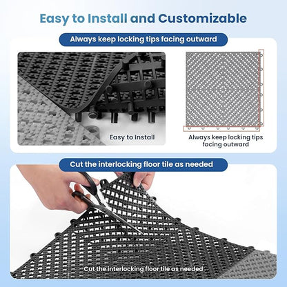 36-Pcs Interlocking Tile, Indoor/Outdoor Drainage Interlocking Floor Tiles 11.8" x 11.8", Anti-Slip Waterproof Soft PVC Splicing Flooring Tile for Garage Patio Pool Bathroom, Grey