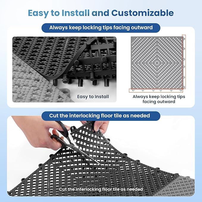 60-Pcs Interlocking Tile, Indoor/Outdoor Drainage Interlocking Floor Tiles 11.8" x 11.8", Anti-Slip Waterproof Soft PVC Splicing Flooring Tile for Garage Patio Pool Bathroom, Grey