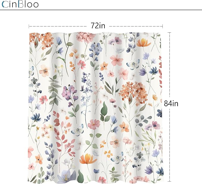 Boho Flower Extra Long Wildflower Girly Floral Bathroom Shower Curtain Set | 72"W x 84"H Leaves Botanical; waterproof HD print, quick-dry fabric and plastic hooks for easy setup.