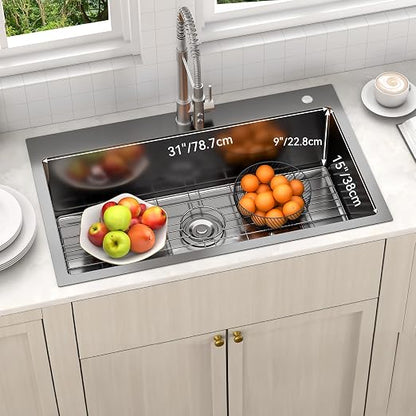 YITAHOME 28x18inch Drop In Black Kitchen Sink with 3 Holes, Top Mount Stainless Steel Nano Gunmetal Black Single Bowl Sink with Grid for Workstation, Prep Kitchen, Bar, 28 x 18 x 9in