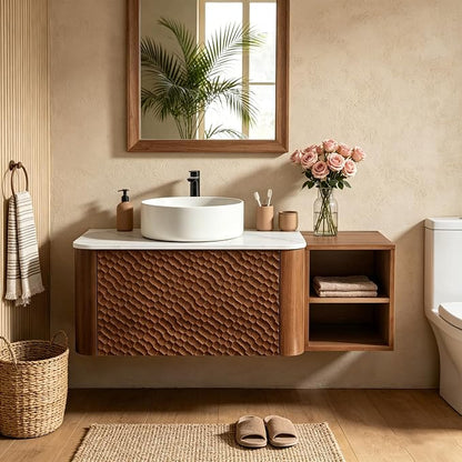 42 Inch Modern Bathroom Vanity with Ceramic Sink, Floating Bathroom Sink Cabinet with Sintered Stone Top&Solid Wood Hammered Frame, Single Bathroom Vanities w/Soft-Close Drawer&Side Open Cube