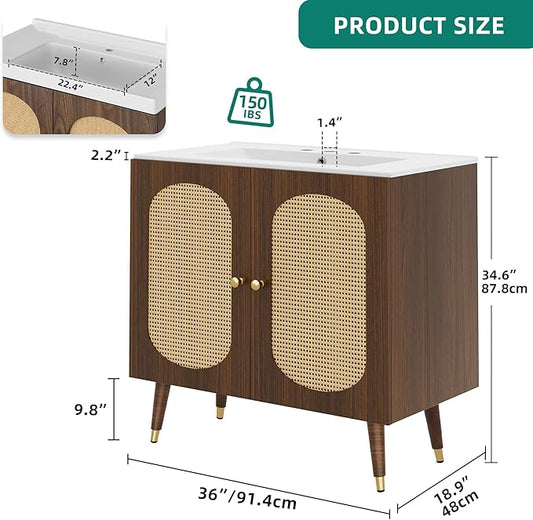DWVO 36 Inch Rattan Vanity with Sink, Freestanding Bathroom Vanity Cabinet, Boho Style with 2 Large Soft-Closing Doors & Four-Sided Water Barrier Strip, Walnut