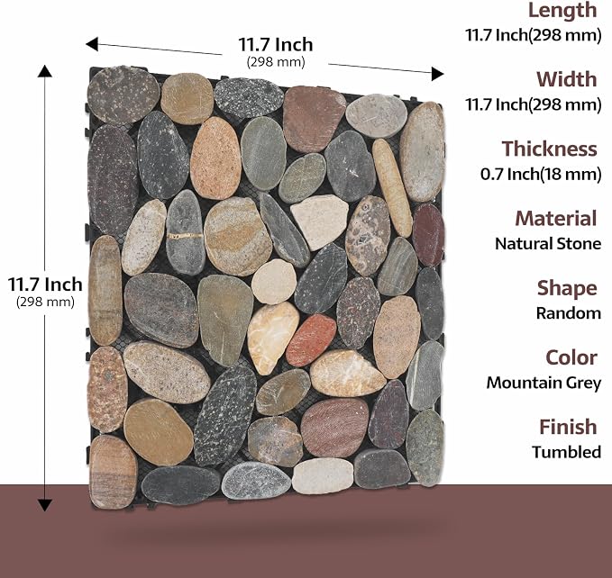 Pebble Tile, Natural Stone Paver Tile, Mountain Grey 4 Sheets | Interlocking Deck Tiles for Patio,Outdoor and Indoor Floor Tiles for Porch Poolside