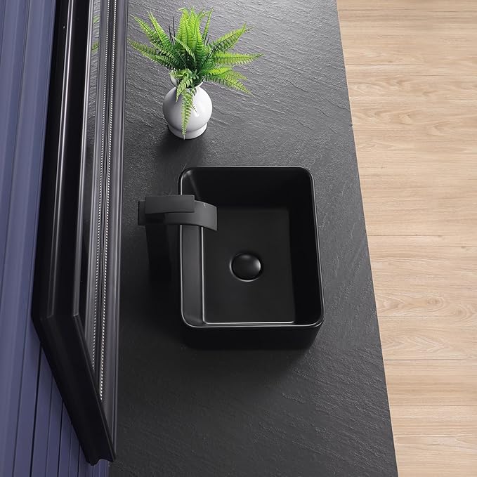 Vessel Sink 16"x12" Rectangular Bathroom Sink Modern Black Porcelain Ceramic Above Counter Drop-in Vanity Sink for Bathrooms Art Basin
