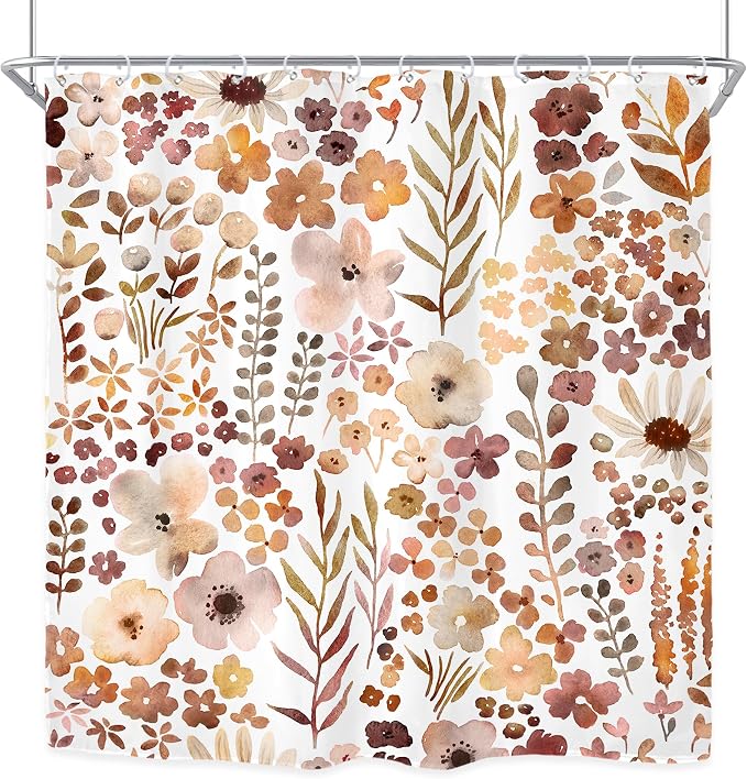 Fall Autumn Cute Floral Flower Nature Rustic Bathroom Shower Curtain Set | 72"W x 72"H Watercolor Botanical; waterproof HD print, quick-dry fabric with 12 hooks for easy hanging.