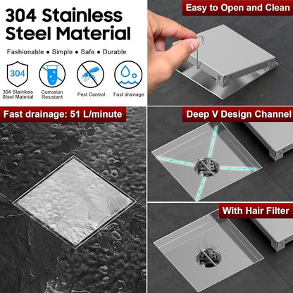 DLONE® Shower Drain | 6 Inch Brushed Nickel with Tile Insert Panel | Square Shower Drain, with Hair Catcher, Shower Floor Drain Fits Bathroom & Balcony etc