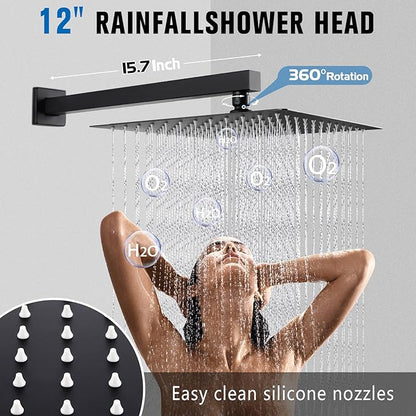 12 Inch Rainfall Shower System - Wall Mounted Complete Combo with Solid Brass Pressure Balancing Valve, High Pressure Shower Head, Handle Set & Installation Accessories Matte Black