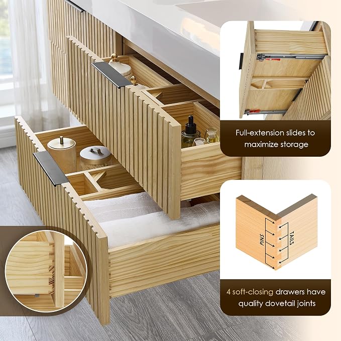 60 Inch Floating Sink Bathroom Vanity Wall Mount Double Vanities with Top | Pre-Assembled, Sturdy Solid Wood, Modern Vanity, Ceramic Sink, Large Storage Cabinet, Soft Closing Doors, Dovetail Drawers