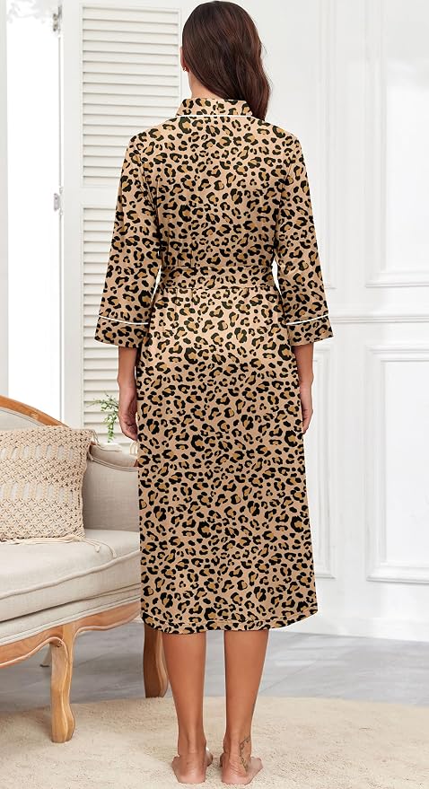 PrinStory Robes for Women 3/4 Sleeve Long Bath Robe XS-4XL | V-Neck Knit Bathrobe with Pockets, Lightweight, Soft, Breathable Robes for Shower, Spa, Travel, Home, Party, Nursing