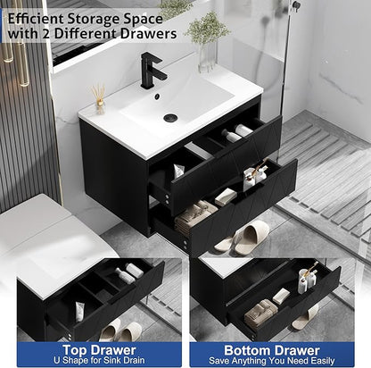 eclife 30" Bathroom Vanities Cabinet with Sink Combo, Wall Mounted Floating Cabinet W/Decor Line, Soft-Close System, 2 Extra Big Drawers, Matte Black Faucet, Black