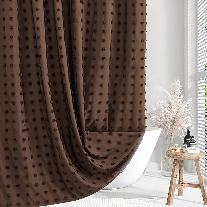 Brown Boho Farmhouse Shower Curtain Woven Fabric Shower Curtain, 72 x 78 Pleat Floral Puffs Tufted Textured Modern Farmhouse Minimalist Shower Curtain Set for Bathroom