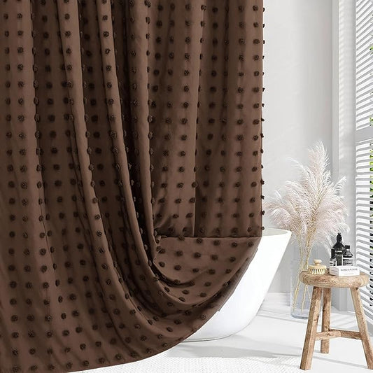 Brown Boho Farmhouse Shower Curtain Woven Fabric Shower Curtain, 72 x 84 Pleat Floral Puffs Tufted Textured Modern Farmhouse Minimalist Shower Curtain Set for Bathroom