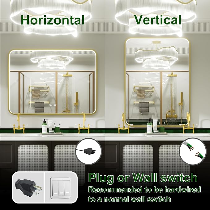 48"x36" Gold LED Bathroom Mirror with 3000K/4500K/6000K Lights | Stepless Dimmable, Anti-Fog, Memory Function, Aluminum Frame Wall Mount Lighted Vanity Mirror, ETL Listed, IP54 Waterproof