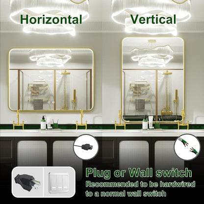 48"x36" Gold LED Bathroom Mirror with 3000K/4500K/6000K Lights | Stepless Dimmable, Anti-Fog, Memory Function, Aluminum Frame Wall Mount Lighted Vanity Mirror, ETL Listed, IP54 Waterproof