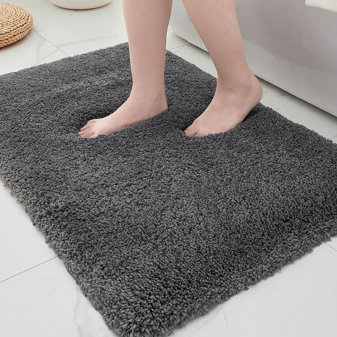 ILANGO Dark Gray Bathroom Rugs 36" × 24" Non Slip & Super Absorbent Extra Thick Soft, Washable Bath Mat for Floor, Microfiber Plush Shaggy Bath Rug with Rubber for Bathtub Shower Room Sink