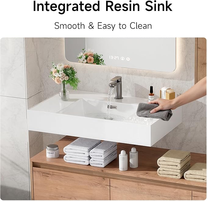 60 Inch Floating Bathroom Vanity with Single Sink, Modern Wall-Mounted Bathroom Cabinet with Resin Sink & Soft Close Drawer & Side Cabinet, Split-Level Layout (Nature Oak, 60"+1 Side Cabinet)