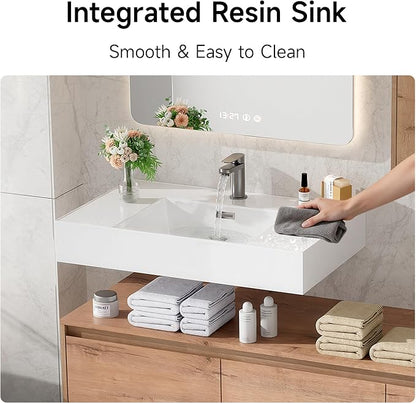 60 Inch Floating Bathroom Vanity with Single Sink, Modern Wall-Mounted Bathroom Cabinet with Resin Sink & Soft Close Drawer & Side Cabinet, Split-Level Layout (Nature Oak, 60"+1 Side Cabinet)