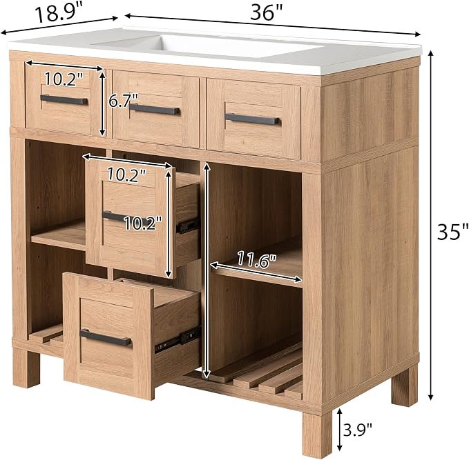 36" Mid-Century Bathroom Vanity with SMC Sink (Natural Wood Style2, 36") | Ample Storage Space with 2 Drawers, Adjustable Shelves & Open Breathable Hollow Shelf, Smooth Drawer Slides