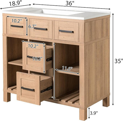 36" Mid-Century Bathroom Vanity with SMC Sink (Natural Wood Style2, 36") | Ample Storage Space with 2 Drawers, Adjustable Shelves & Open Breathable Hollow Shelf, Smooth Drawer Slides
