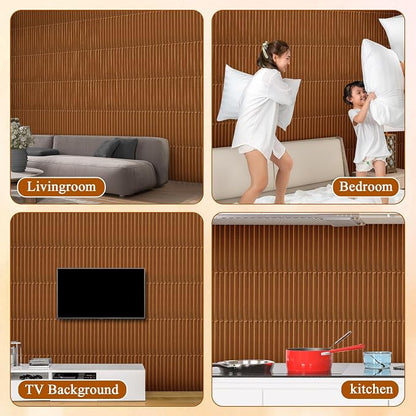 Nuanchu 32 Pcs 3D Wall Panels, 12"x12" PVC Fluted Tiles, Walnut | Waterproof Accent Panels, Paintable Wall Tiles, for TV Background, Bedroom, Bathroom, Gaming Room, Cuttable Home DIY Decor