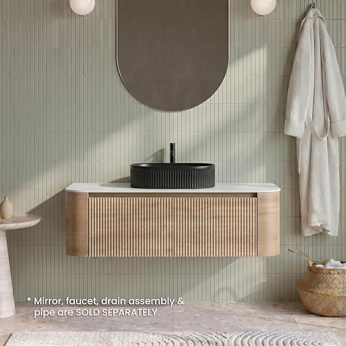 48" Preassembled Floating Bathroom Vanity with Black Sink, Oak | Mid-Century Modern Style, Fluted & Soft-Close Drawer with U-shaped Wall, Sinterted Stone Countertop, Towel Rack Included