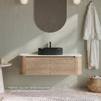 48" Preassembled Floating Bathroom Vanity with Black Sink, Oak | Mid-Century Modern Style, Fluted & Soft-Close Drawer with U-shaped Wall, Sinterted Stone Countertop, Towel Rack Included