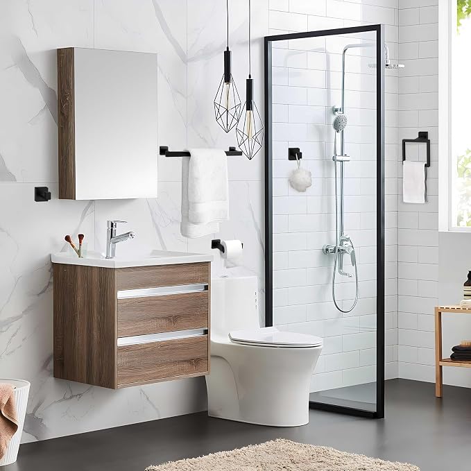 Herogo Matte Black Bathroom Hardware Set 5 Pieces, 16 Inch Bathroom Accessories Bath Towel Bars Set, Including Stainless Steel Toilet Paper Holder, Hand Towel Holder Racks, Hooks & Ring, Wall Mounted